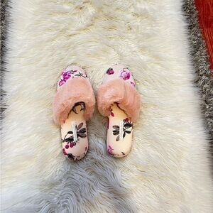 Pink Floral Slippers with Fur Trim